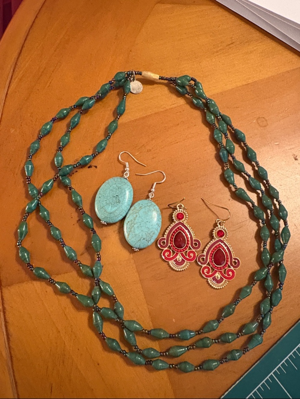 Turquoise Beaded Multi-Strand Necklace with Turquoise Stone Earrings - Unbranded